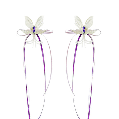 White Orchid Double Ribbon Earrings -Purple