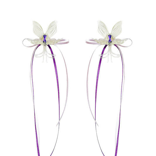 White Orchid Double Ribbon Earrings -Purple