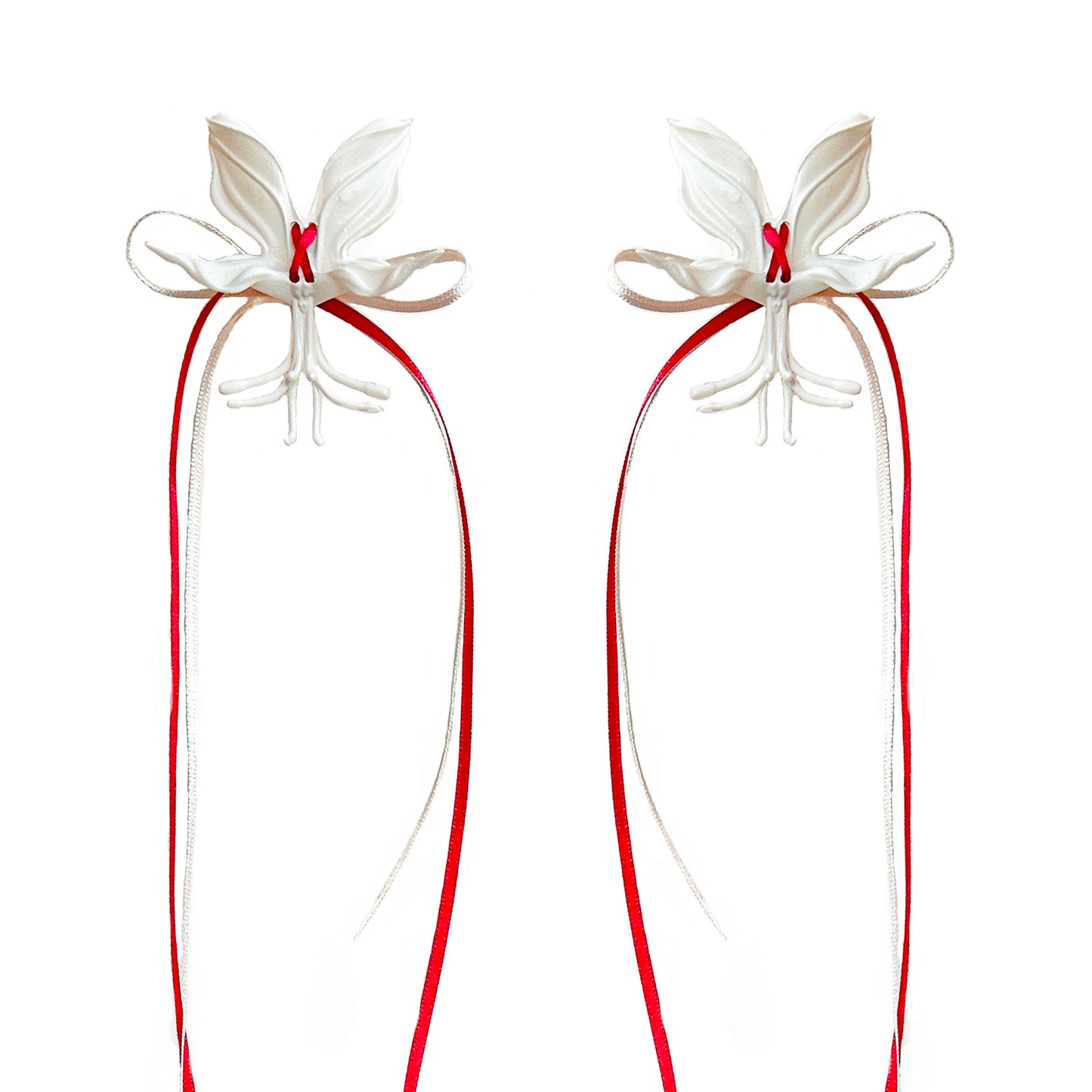 White Orchid Double Ribbon Earrings -Red