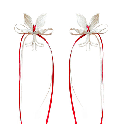 White Orchid Double Ribbon Earrings -Red