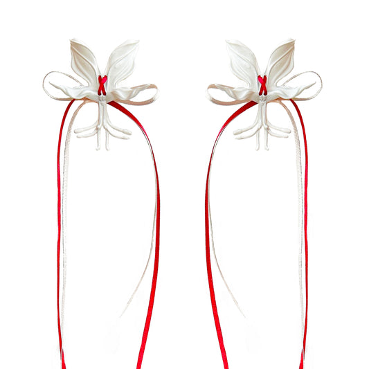 White Orchid Double Ribbon Earrings -Red