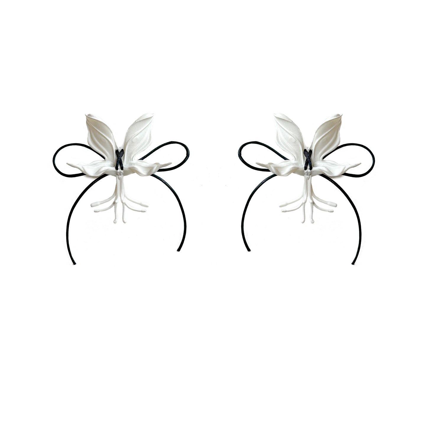 White Orchid  Ribbon Earrings - Black
