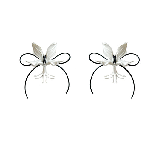White Orchid  Ribbon Earrings - Black